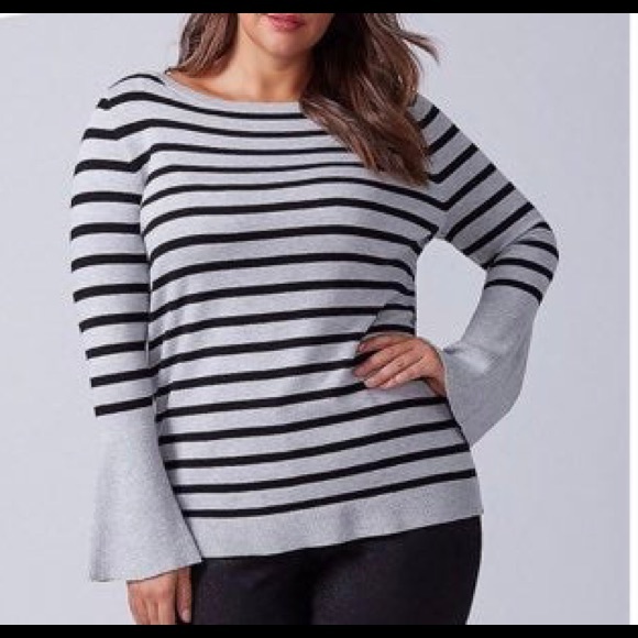 Lane Bryant Gray Black Striped Long Bell Sleeve Boat Neck Sweater 18/20 - Picture 2 of 13